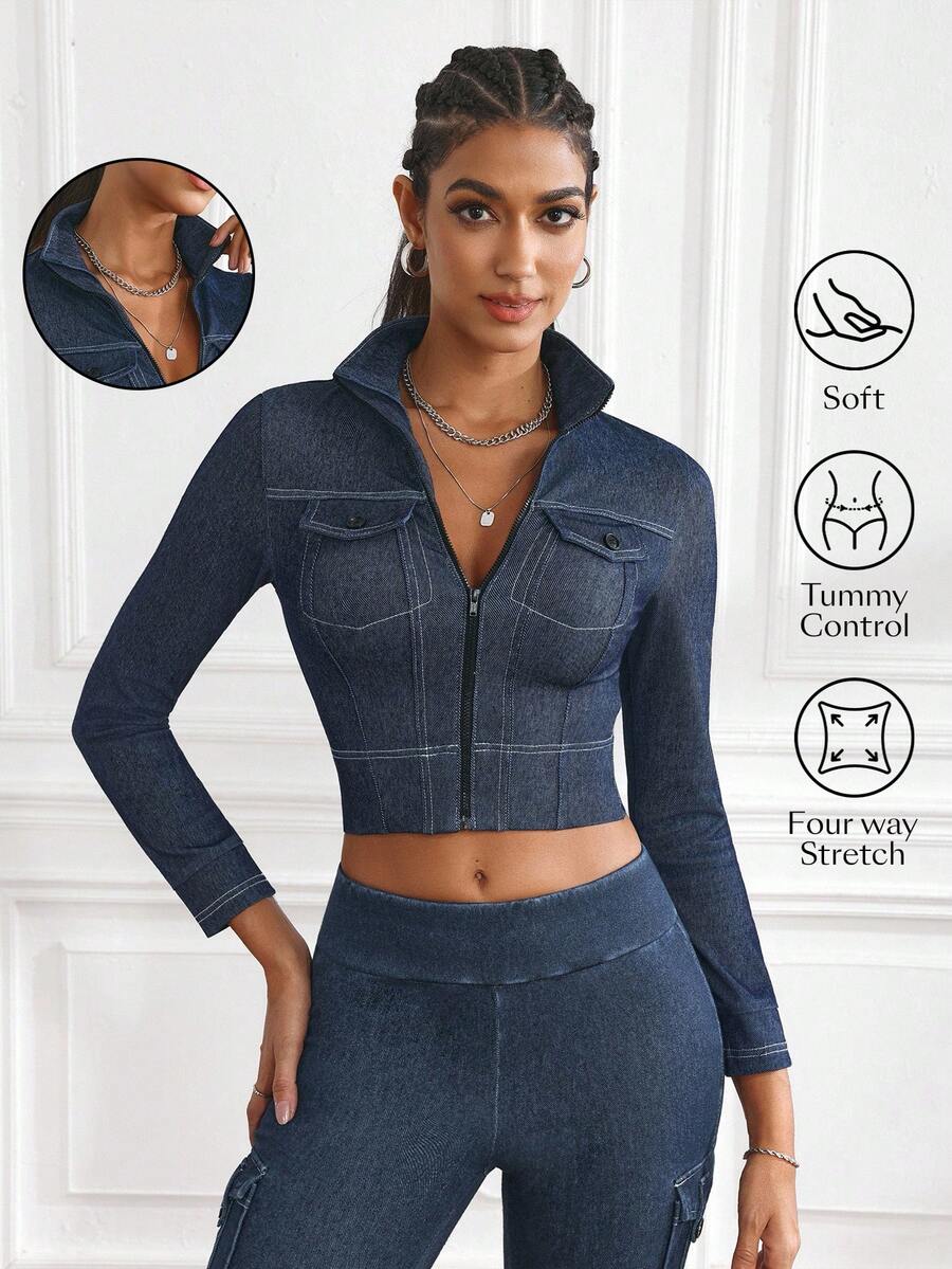 Flexra 女式长袖拉链短款修身牛仔夹克 - 深色水洗藍 - 查看 1