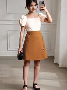 SHEIN Tween Girl Puff Sleeve Tee & Button Detail Skirt - Multicolor - View 4