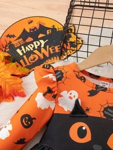 SHEIN 小女孩可爱卡通图案长袖连衣裙，适合万圣节派对 - 橘色 - 查看 5