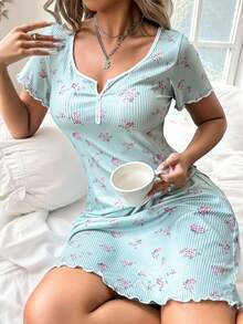 CottageSlumber 浪漫碎花针织方领纽扣装饰短袖睡袍女式睡衣裙女式睡裙睡衣家居服 - 綠色 - 查看 6