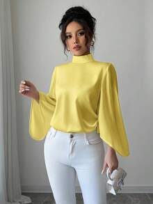 Rafferiza Áo cánh satin Pháp thanh lịch và vải satin chắp vá dành cho nữ - Màu vàng ngỗng - Xem 4