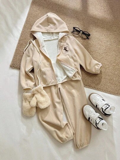 Playful Pals 2pcs/Set Toddler Boys Outfit, Hooded Jacket With Full Zip, Pockets, Embroidered Logo, Elastic Waist Pants, Suitable For Autumn/Winter, Outdoor Activities, Casual Wear