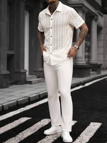 Manfinity Roughcore 男士休闲条纹 Polo 领衬衫 - 白色 - 查看 5