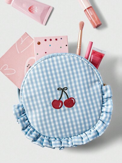 Kawaii Blue Plaid Embroidered Cherry Pattern Round Lace Large Capacity Portable Cosmetic Bag