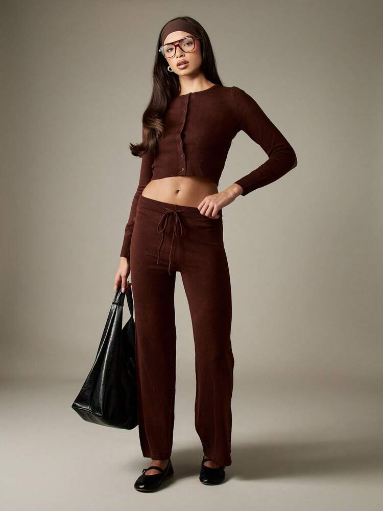 MISSGUIDED Knitted Long Sleeve Button Up Crop Cardigan Sweater Wide Leg Pants Coordinated Set Fall Winter Fashion Two Piece Outfit