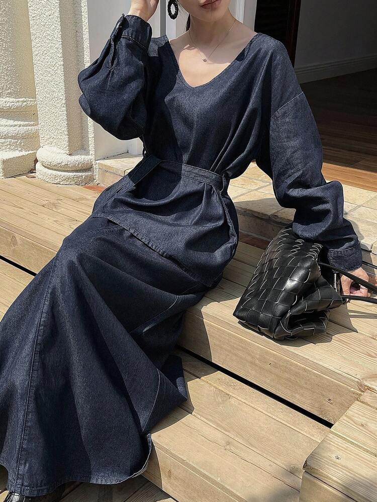 Women's Loose Casual V-Neck Waist Denim Suit, Autumn/Winter