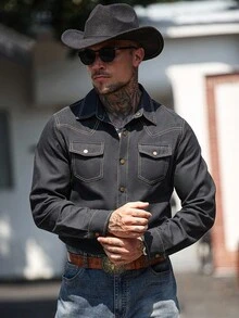 Manfinity Nomadique Men's Casual Commuter Contrast Stitching Shirt Mens Western Shirts Cowboy Shirt Jacket, Men S Black Western Shirt, Western Shirt For Men With Snaps, Mens Western Shirts, Rodeo Shirt Men, Black Western Shirt Men - Black - View 5