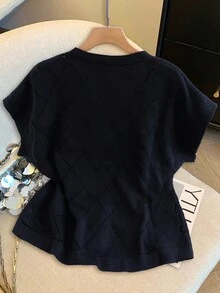 SHEIN Clasi 1pc Women Plus Size Diamond Pattern Golden Button Knit Sweater Top - Black - View 2