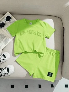 SHEIN 寶寶男/女字母印花短袖T恤和裝飾格紋休閒短褲2件套裝