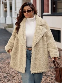 Vionelle Plus Size Fashion Solid Casual Long Sleeve Flip Collar Quilted Faux Teddy Fleece Jacket For Women Winter Autumn Fall