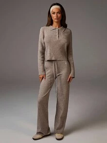 Athîral Women's Casual Button-Embroidered Cropped Knit Top, Fall Ribbed Knit Top, Polo Shirt, Fall Fashion, Fall Women's Brown Knit Sweater, Knitted Long Sleeve, Women's Long-Sleeved Top, Back-To-School Season, - Khaki - View 1