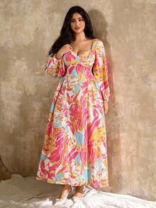 Roveilla Đầm xòe tay dài cổ vuông in họa tiết nhiều màu thanh lịch cho nữ cỡ lớn - Nhiều màu - Xem 3