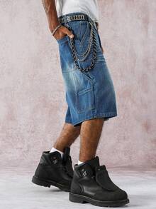 Manfinity EMRG 男士休闲水洗宽松牛仔短裤 - 藍色 - 查看 8