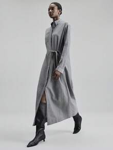 Ontre 2025秋季新款，适合5-15°C，优雅梭织长款衬衫裙，腰部系带，带口袋，商务休闲，通勤，日常穿着，秋冬季，圣诞节，新年 - 灰色 - 查看 8