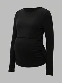 Modmama 休闲纯色圆领长袖高弹力哺乳上衣 - 卡其色 - 查看 6