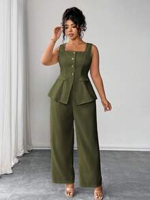 Elenzga Bộ đồ 2 món, Xuân/Hè dành cho nữ cao, trang phục hai mảnh, quần âu, bộ đồ mùa hè, bộ đồ hai mảnh, bộ đồ hai mảnh sang trọng dành cho nữ, bộ đồ 2 món - xanh quân đội - Xem 5