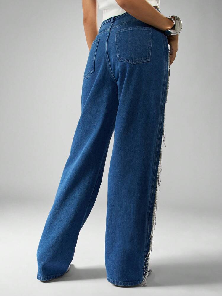 MISSGUIDED High Rise Straight Leg Jeans With Rhinestone Fringe Side Panel Detail For Women