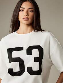 Missguided x Playboy 超大图案印花T恤，带有53个运动号码和文字短袖白色休闲上衣 - 白色 - 查看 6