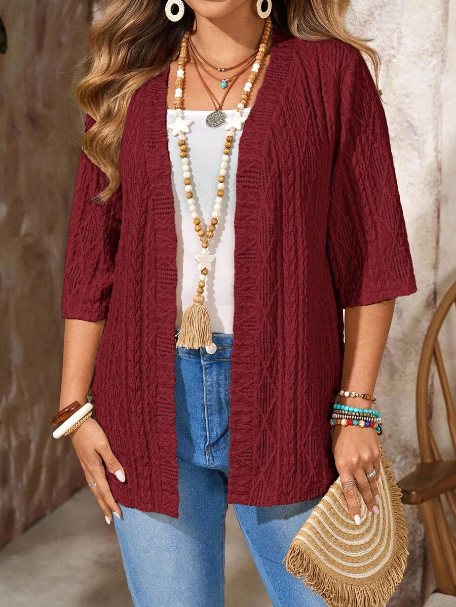 EMERY ROSE Women Plus Size Casual Loose Solid Color Short Sleeve Jacket - Burgundy - View 1