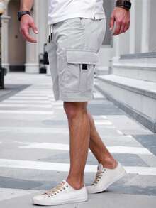 Manfinity Homme Men's Solid Color Elastic Waist Drawstring Pocket Cargo Shorts - Light Grey - View 5