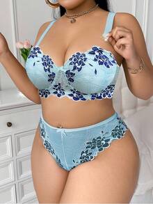 SHEIN 1 件大码女士蕾丝钢圈文胸，无肩带聚拢文胸，提升 - 淺藍色 - 查看 3