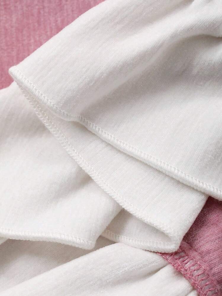 Baby Girl Round Neck Ruffle Hem Color Block Mid-Length Dress, Korean Style Fall, Winter Toddler Girls Clothes