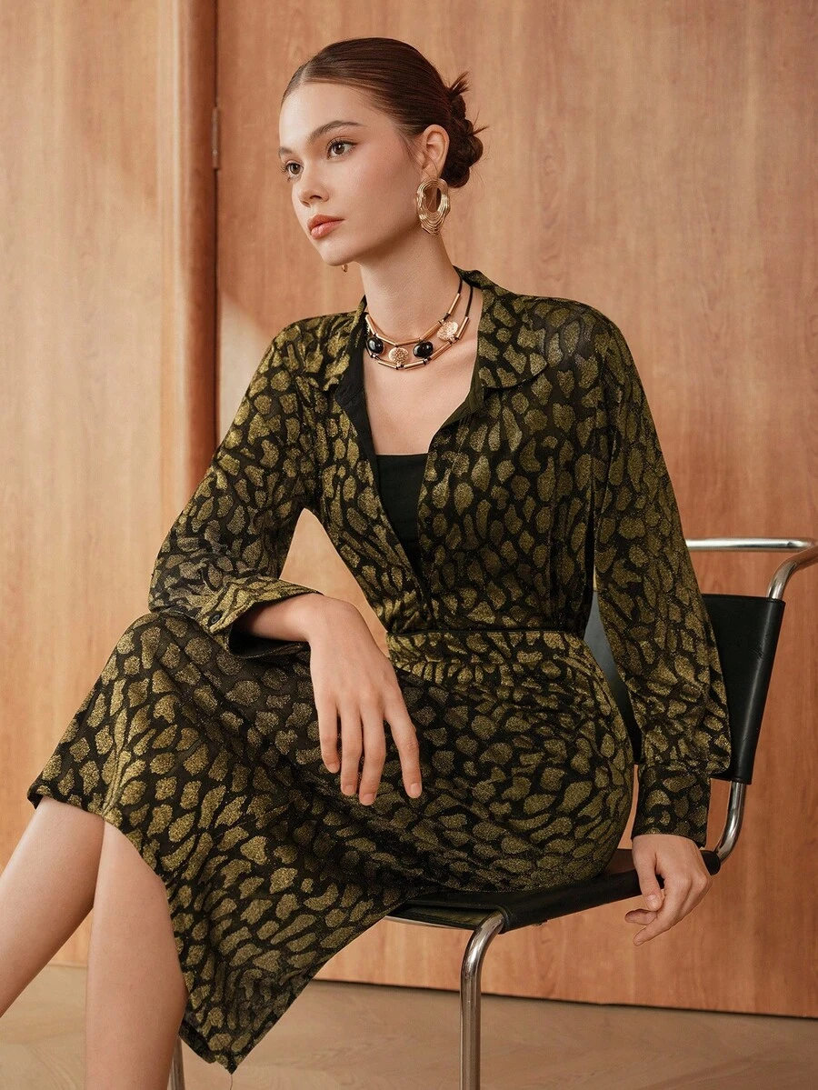 SHEIN Unity Chemise à manches longues jacquard élégante pour femme pour le travail - Noir - Voir 1