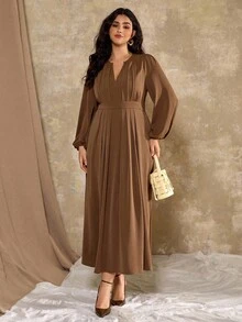 Roveilla Đầm tay dài cổ chữ V thanh lịch, nhún bèo phía trước và eo, túi lưng co giãn cỡ lớn dành cho nữ, thường ngày, đi làm, mặc đi nghỉ dưỡng, xuân/thu/đông - màu nâu - Xem 5