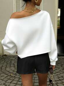 SHEIN EZwear Women's White Off-Shoulder Cropped Sweatshirt, Suitable For Fitness, Dance, Autumn/Winter, Loose Fit Crew Neck Long Sleeve Thick Casual Pullover,Fall