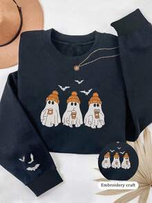 INAWLY Halloween, Soul, Horror Season, Embroidered Pattern Crew Neck Sweatshirt - Navy Blue - View 3