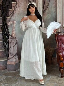 Flirla 纯色优雅腰部收紧合身褶皱长裙 - 白色 - 查看 6