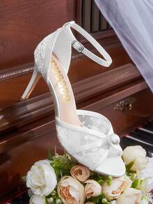 CUCCOO HITCHD White Pointed Toe Stiletto Heel Lace Mesh Pearl Elegant Wedding Party Women's High Heel Sandals For Christmas - White - View 12