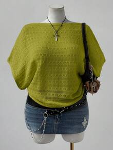 Sunspun 大码女式时尚优雅波西米亚风镂空短袖宽松针织上衣，适合度假、春、夏、秋季穿着。 - 綠色 - 查看 3