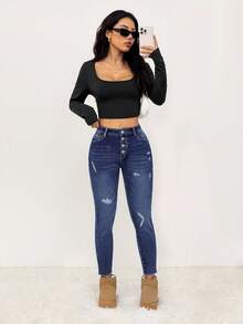 SHEIN PETITE 女士休闲修身保暖牛仔裤，秋冬季，温暖卡其色保暖内衬时尚做旧深色水洗修身蓝色牛仔裤 - 深色水洗藍 - 查看 5