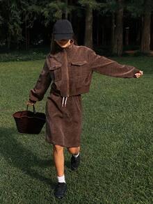 DAZY Women's Casual Corduroy Long Sleeve Jacket With Pockets And Straight Skirt Two Pieces Set, Autumn