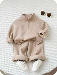2pcs Baby Girl Fleece Sweatshirt & Pants Set, Heart Embroidery, Casual Outfit For Outdoor & Indoor Wear, Autumn/Winter Neutral Baby Clothes Baby Tracksuit Mocha Baby Clothes Two Piece Toddler Set Toddler Co Ord  Baby Fall Clothes Winter Clothes