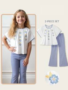 Joliand Joliand 2 pezzi Set di top a maniche corte con fiori ricamati e bordo arricciato e pantaloni a zampa blu a quadri per ragazze pre-adolescenti, adatto per casual, quotidiano, viaggio, riunione, festa, estate - Multicolore - Visualizzare 1