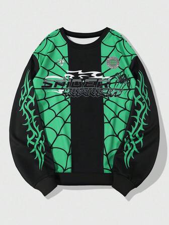 Street Life Herren Pullover mit Buchstaben- und Spinnennetz-Muster, Rundhalsausschnitt, Langarm, Herbst