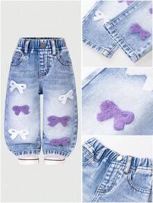 女童休闲牛仔裤，甜美蝴蝶贴花和刺绣设计，中腰修身蓝色牛仔裤 - 藍色 - 查看 2