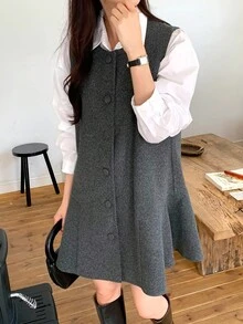 DAZY 女士纯色休闲校园风长连衣裙，韩版时尚，秋冬夏季女装 - 灰色 - 查看 1