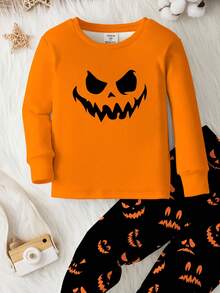 SHEIN 小男孩休闲简约万圣节蜘蛛可爱卡通修身圆领长袖睡衣套装，适合秋冬季 - 彩色 - 查看 4
