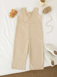 Genkimix Kids 1 件年轻女孩卡其色刺绣宽松连体裤，前口袋，V 领设计，休闲时尚，春秋 - 杏色 - 查看 3