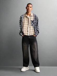 SUMWON Camisa de manga larga con ajuste ceñido, diseño de bloques de color a cuadros y a cuadros, con botones, de corte regular, de varios colores, de moda, de invierno, de uso casual, con diseño de patchwork y estampado mixto - Multicolor - Ver 5