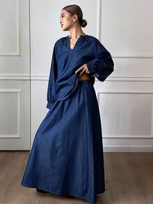 DAZY Women's Loose Casual V-Neck Denim Set, Autumn/Winter - Blue - View 3