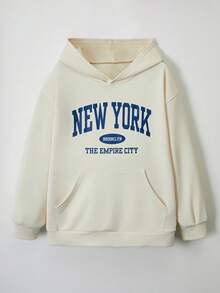 青少年男孩学院风美式印花连帽针织运动衫 - 杏色 - 查看 1