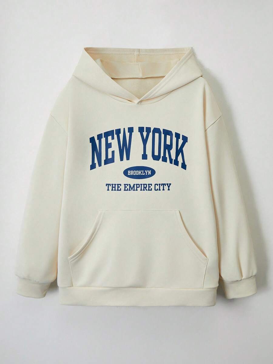 青少年男孩学院风美式印花连帽针织运动衫 - 杏色 - 查看 1