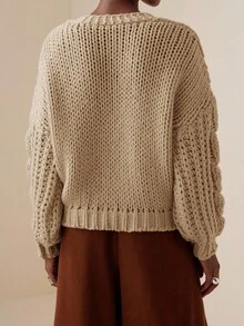 Vesra Women's Casual Elegant V-Neck Dropped Shoulder Loose Chunky Cable Knit Cardigan Fall Winter Cloth For Women - Khaki - View 2