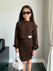 SHEIN Leap Crew 2pcs Tween Girls Back To School Simple Soft Textured Ribbed Knit Loose Dropped Shoulder Short Sweatshirt & Fitted Camisole Dress Set, Autumn - Coffee Brown - View 8