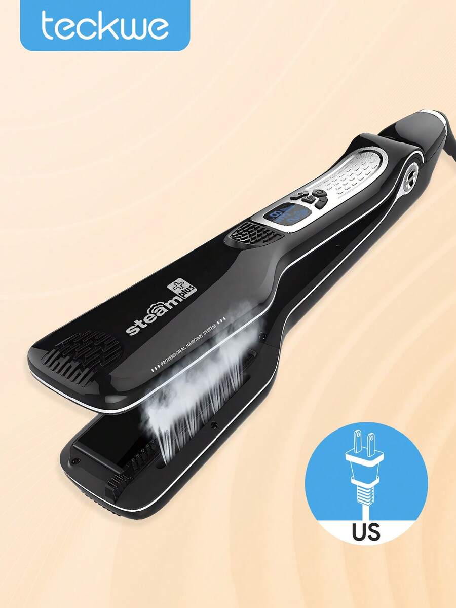 Teckwe Hair Straightener With Steam, Salon Professional Nano Titanium Ceramic Steam Flat Iron With Removable Comb+Digital LCD+5 Level Adjustable Temperature+Auto Temperature Lock-US Plug - US A Type Plug(110-127V) - View 1