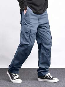Manfinity Homme Men's Solid Color Front Tie Pocket Casual Pants, Everyday Wear, Fall - Dusty Blue - View 4